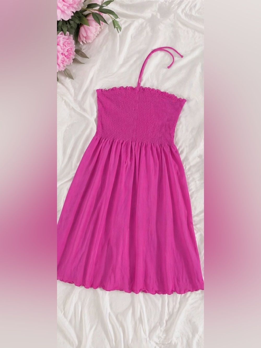 Hot Pink/Fuchsia Smocked Halter Dress Barbiecore Beachy Flowy Y2K